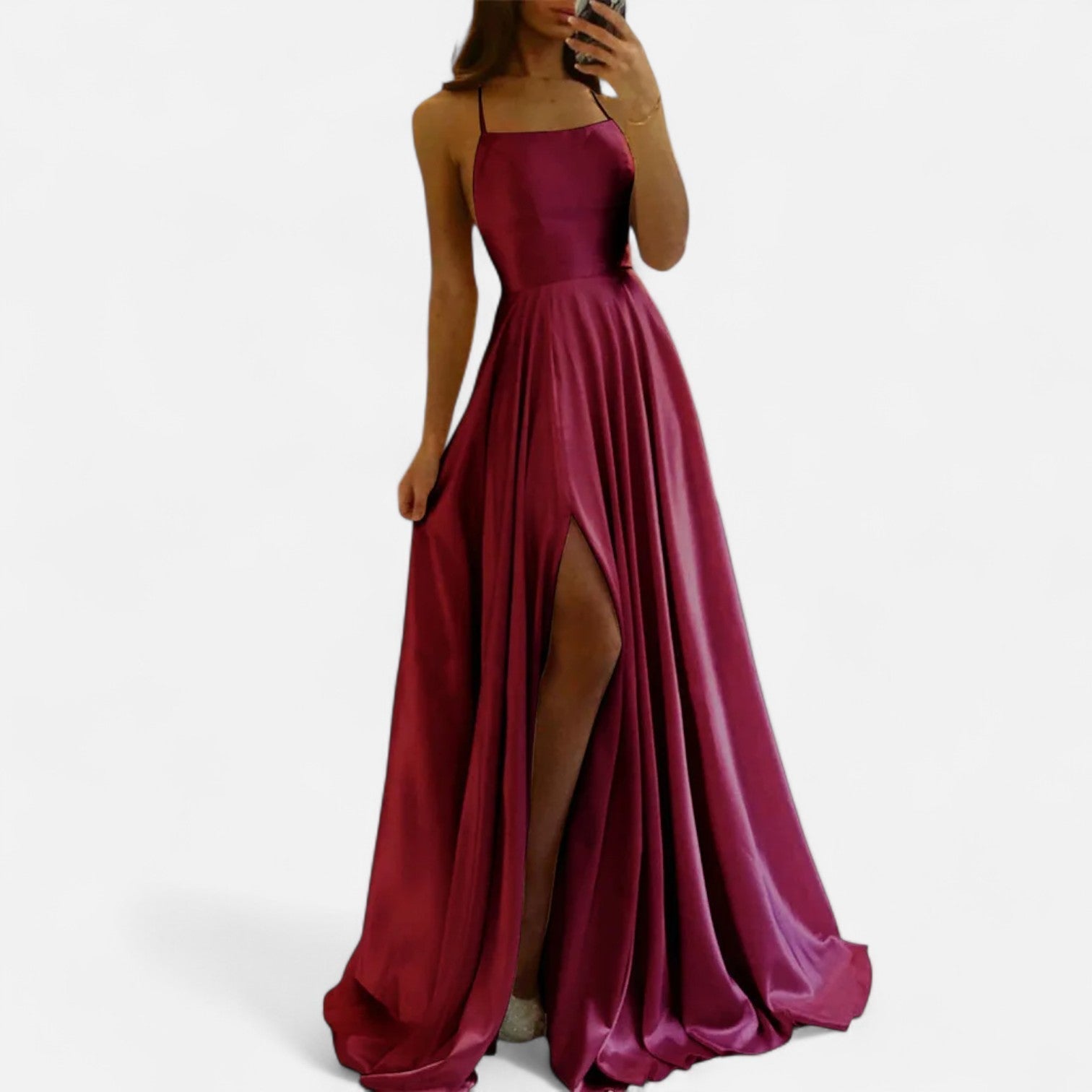 Women's Slim-Strap Maxi Dress with Side Slit for Wedding Guests | Elegant Floor-Length Gown in Navy Black Pink Burgundy Sage | Spring Summer Evening Wear | Koossa
