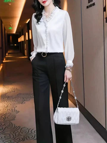 Women's Ruffle Collar Blouse in Flowing Viscose | Long Sleeves, V-Neckline | Black White Burgundy Forest | Garden Parties Summer Luncheons | Koossa