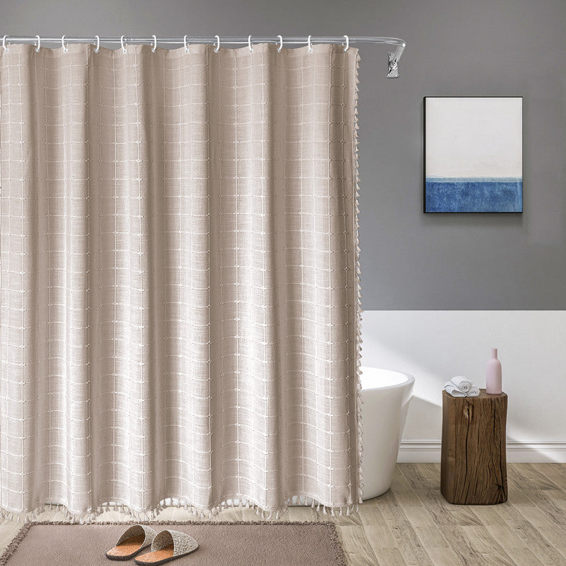 Rideau de Douche en Lin Tissé Imperméable avec Franges Bohème 180×200 cm Salle de Bains Beige à Carreaux | Koossa