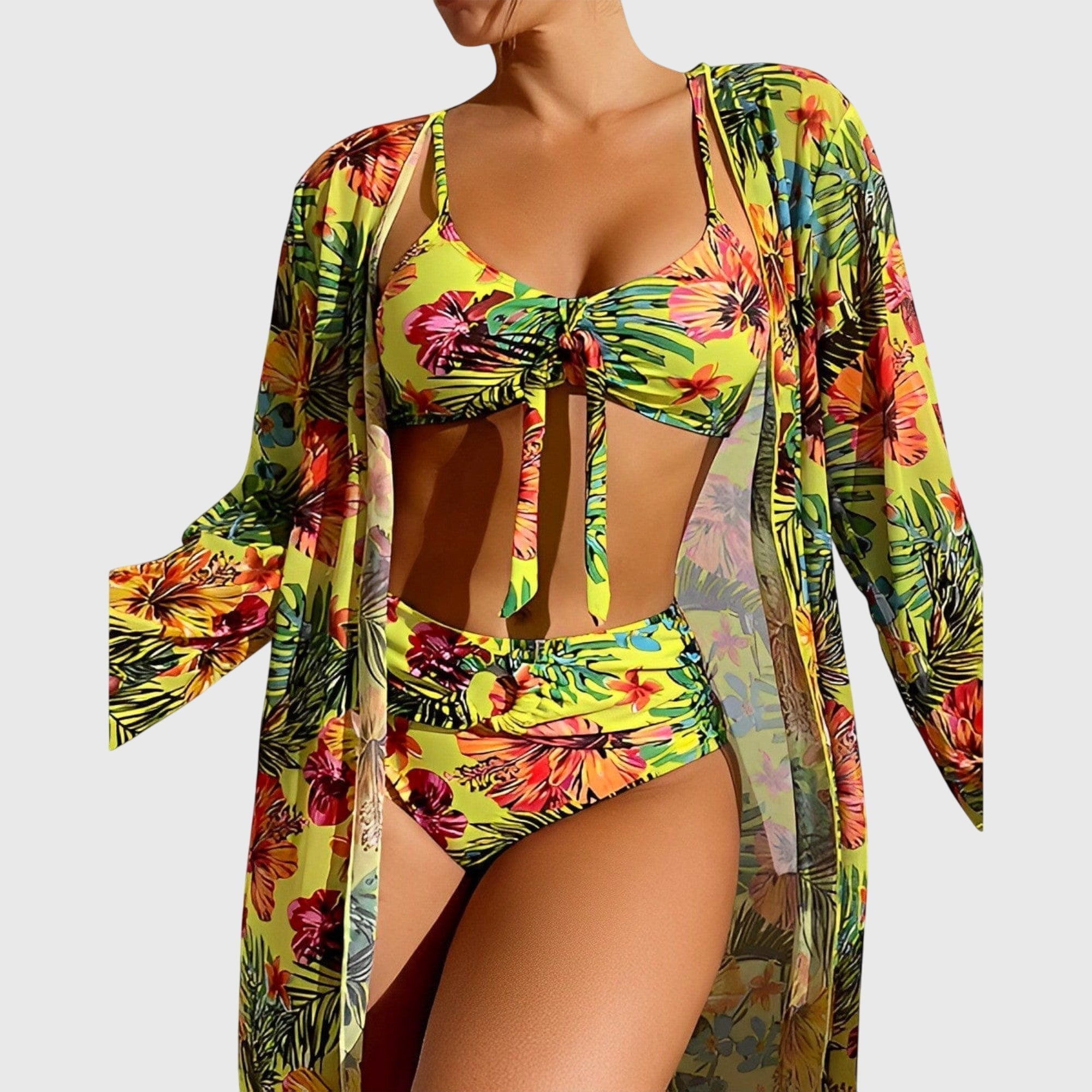 Women's Tropical Print Bikini Set with Tie-Front Top and High-Rise Bottoms for Beach and Resort | Koossa