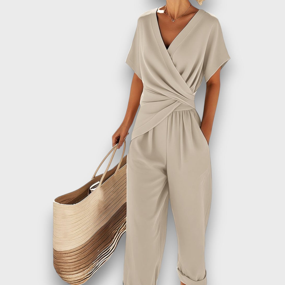 Women's Two-Piece Co-Ord Set with Wrap-Effect Top and Wide-Leg Trousers — Elegant Summer Outfit for Holidays & Garden Parties | Koossa