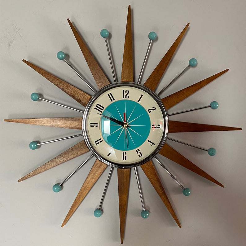 Square Wall Clock 15.7 Inch Silent Sunburst Design Handcrafted Battery Operated Retro Decorative Timepiece for Living Room Bedroom Office | Lonoma