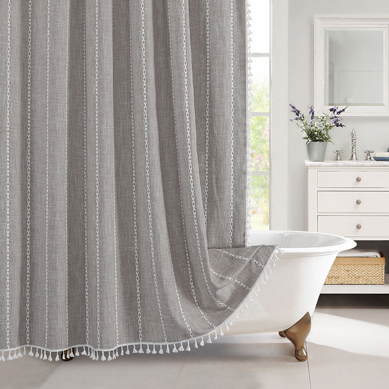 Rideau de Douche en Lin Tissé Imperméable avec Franges Bohème 180×200 cm Salle de Bains Beige à Carreaux | Koossa