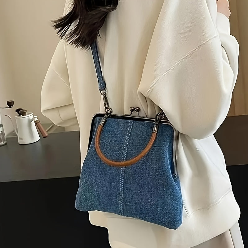 Structured Denim Frame Handbag with Cowhide Leather Handle in Indigo and Light Wash | Koossa