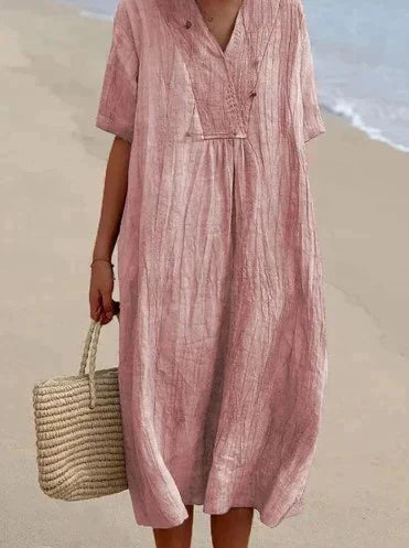 Women's V-Neck Summer Midi Dress with Pockets — Elegant A-Line Dress for Warm Weather & Outdoor Events | Koossa