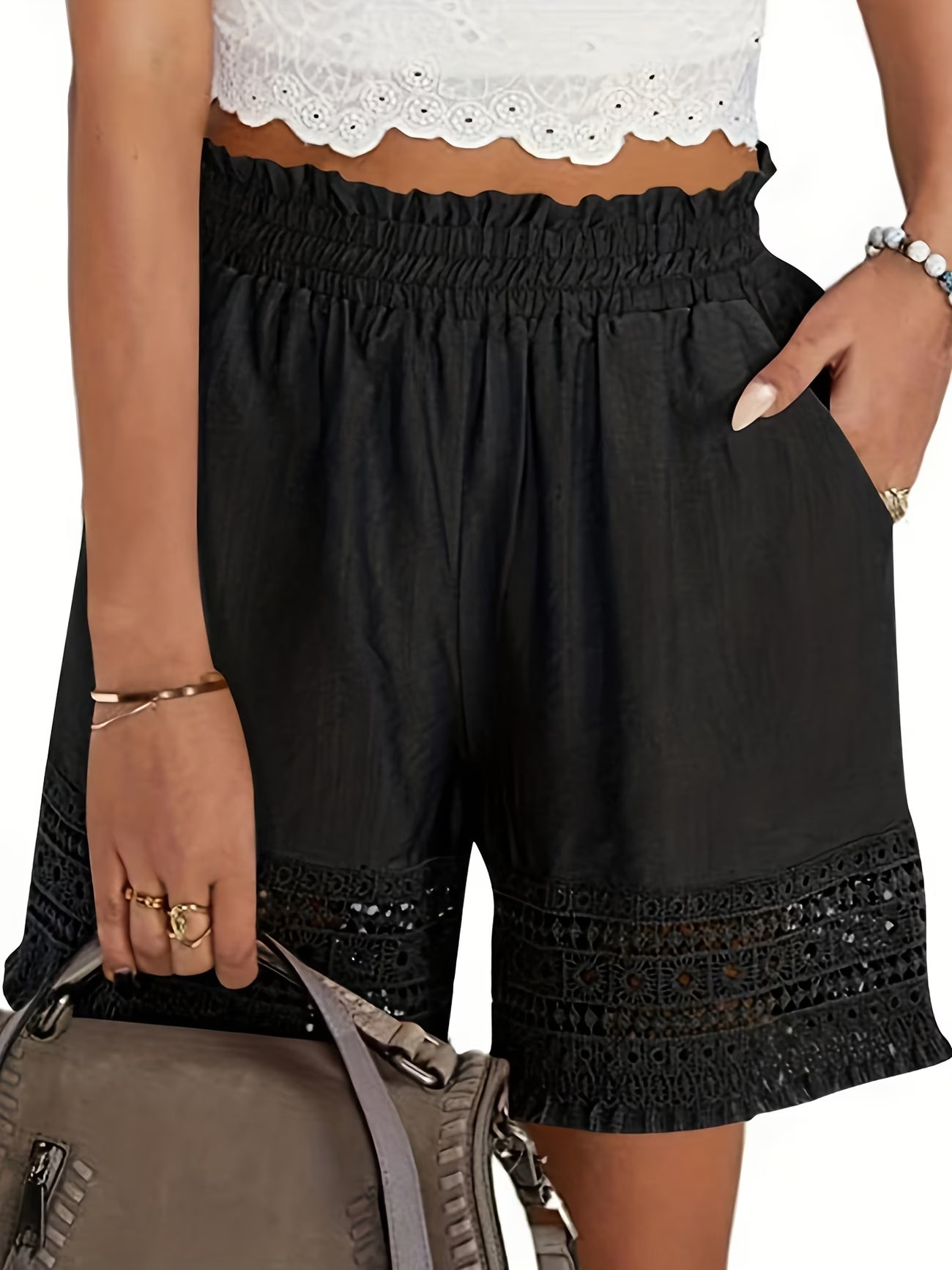 Women's Lace-Trimmed Slant Pocket Tailored Shorts in Beige, Black, Blue & White — Elegant Lightweight Summer Shorts with Romantic Detail | Koossa