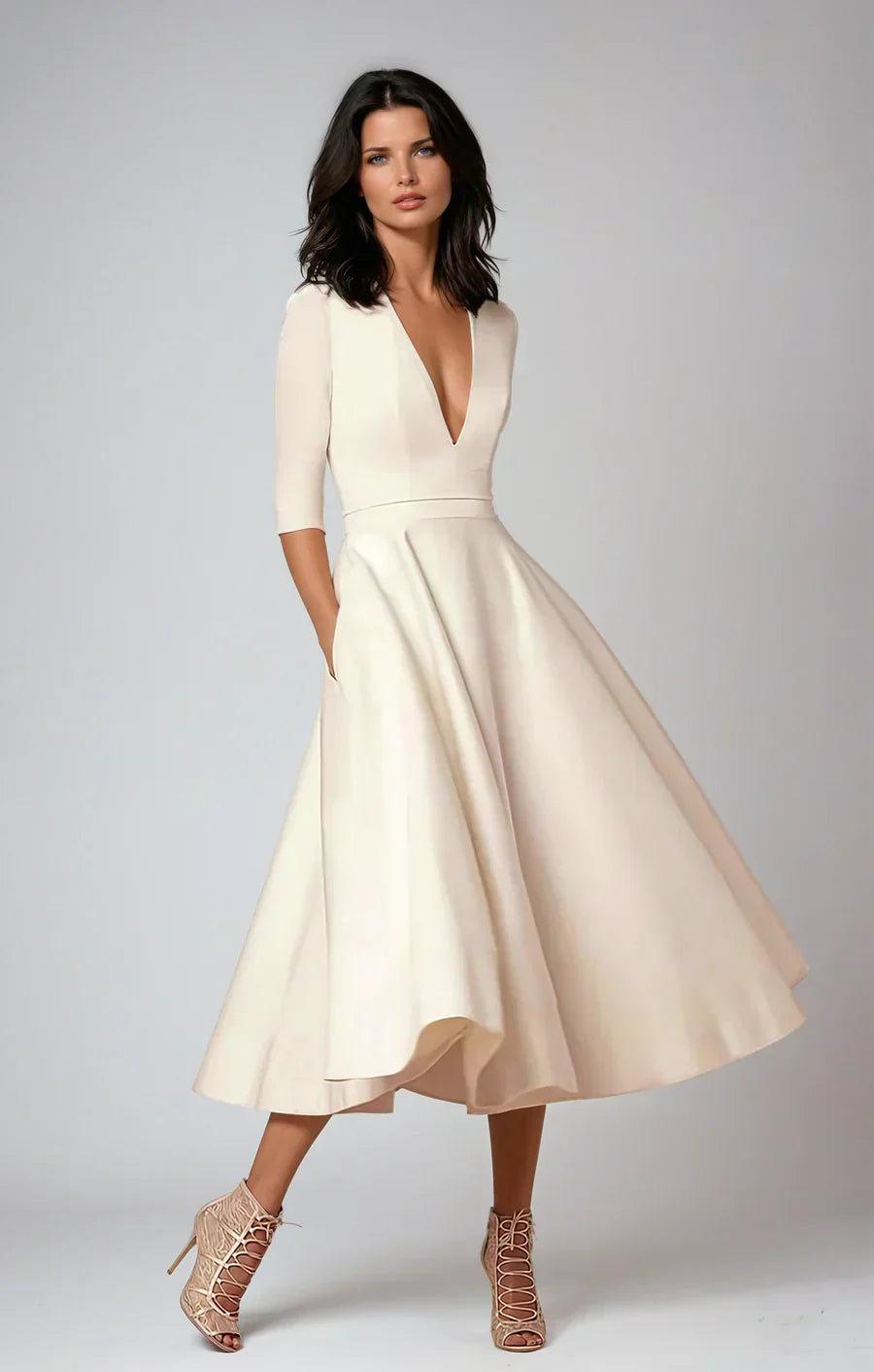 Women's V-Neck Midi Dress with Three-Quarter Sleeves — Elegant Occasion Dress for Events & Dinners | Koossa