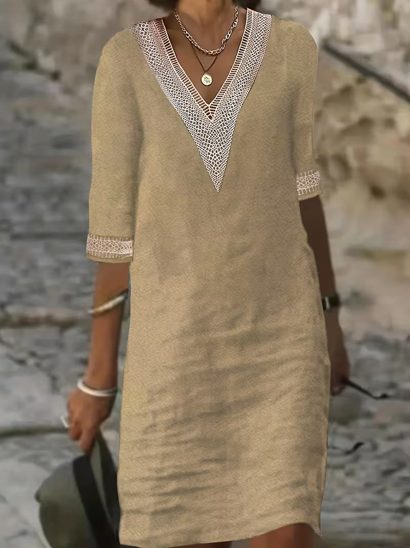 Women's V-Neck Mid Sleeve Dress in Lightweight Fabric for Effortless Everyday Elegance and Smart-Casual Occasions | Koossa