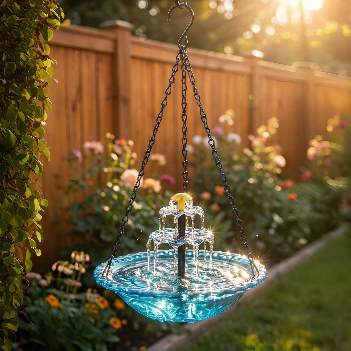 Fontaine à oiseaux suspendue solaire deux vasques verre Ø 25,5 cm cascade automatique jardin terrasse | Koossa