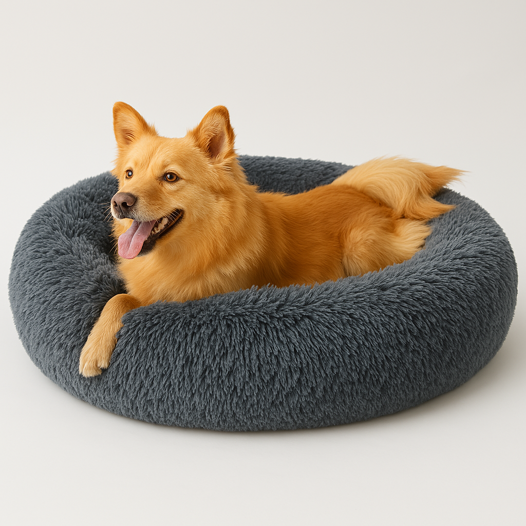 Dog Calming Bed Plush Donut Round Washable Cover Large Medium Anti-Anxiety Nesting Dog Bed Fluffy Shaggy Grey Curl-Up | Koossa