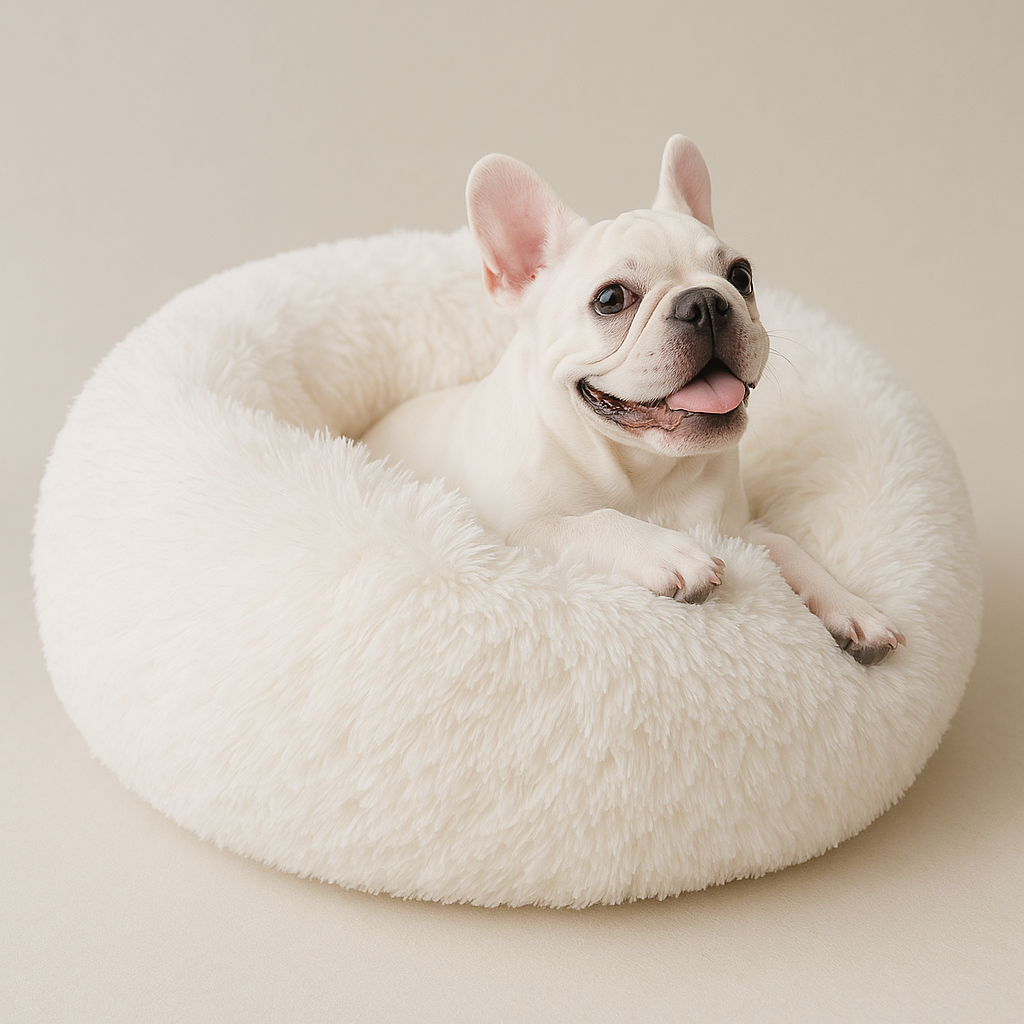 Dog Calming Bed Plush Donut Round Washable Cover Large Medium Anti-Anxiety Nesting Dog Bed Fluffy Shaggy Grey Curl-Up | Koossa