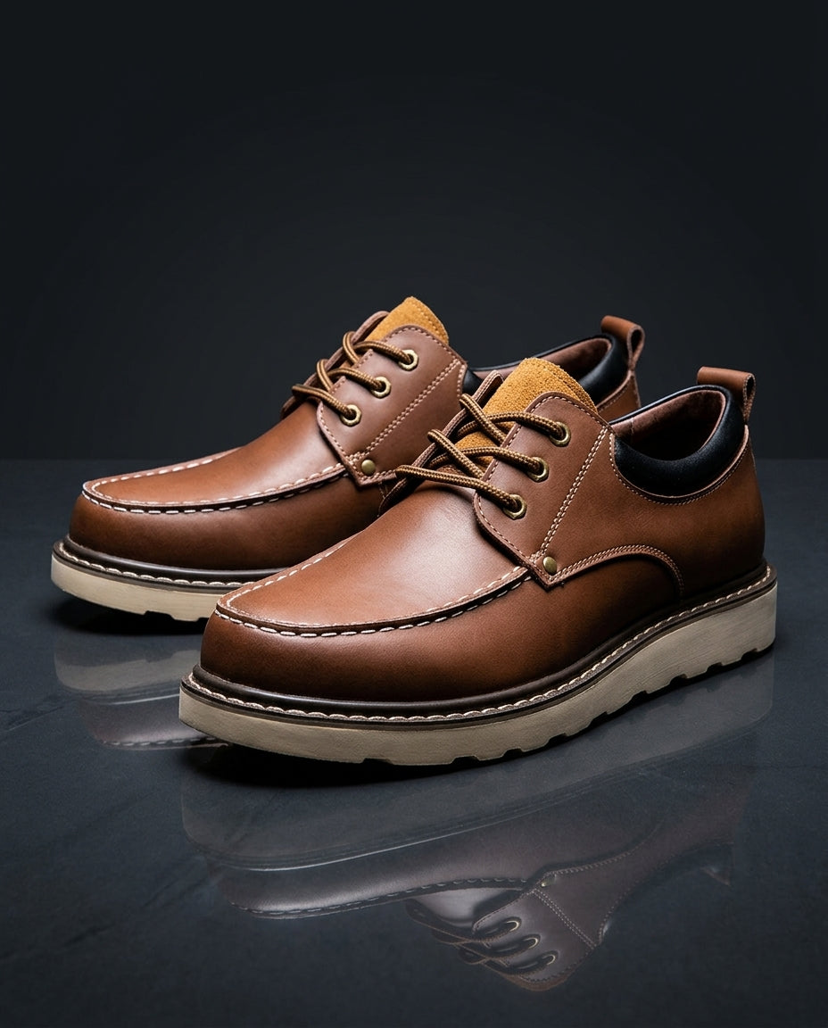 Men's Cushioned Moc Toe Leather Shoes – Premium Full-Grain Oxford Casual Dress Shoe with Rubber Sole for Work & Everyday | Lonoma