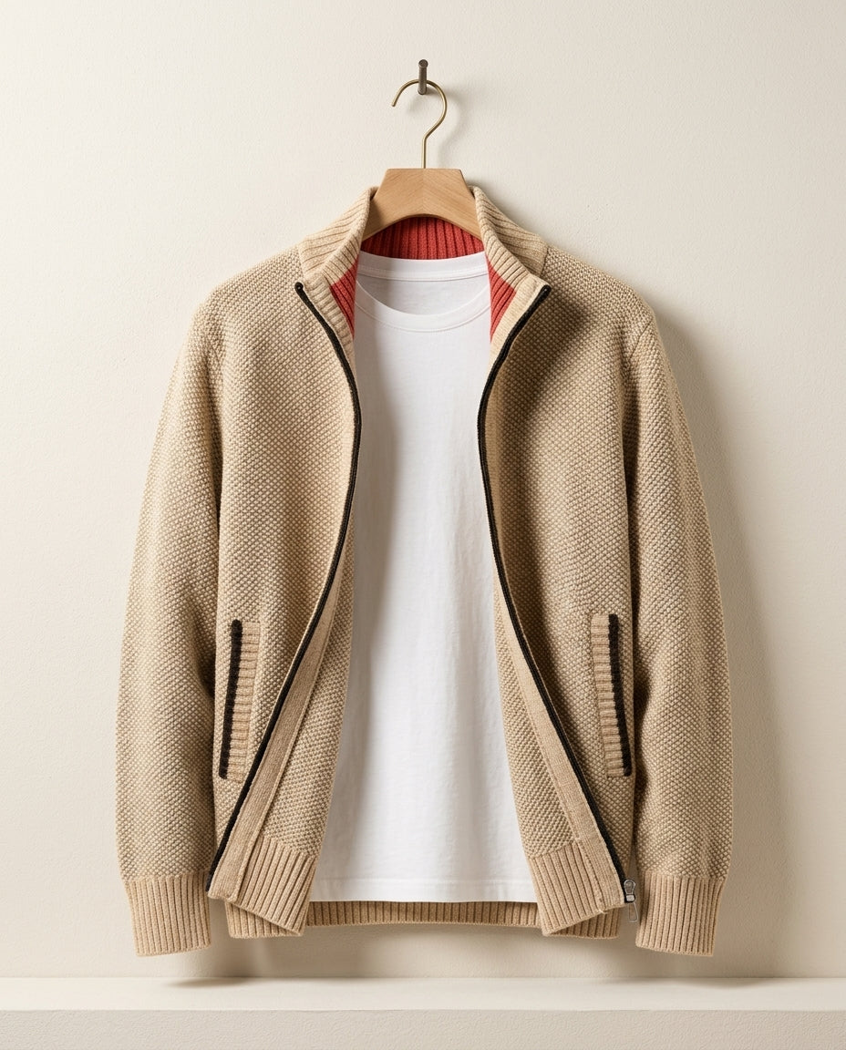 Men's Textured Knit Jacket with Plaid Fleece Lining – Ribbed Collar Full Zip Cardigan Sweater for Fall Winter Cold Weather Outdoor Casual | Lonoma