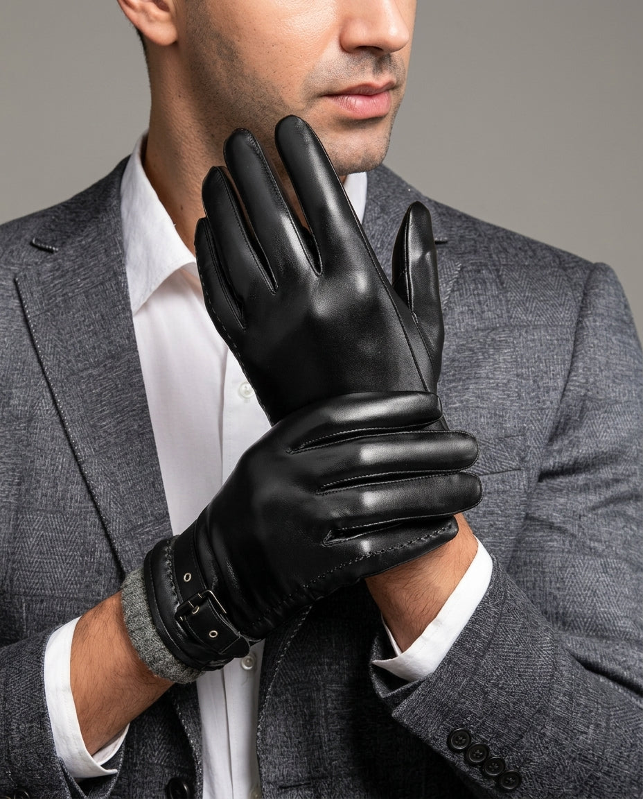 Premium Italian Leather Gloves for Men – Wool-Lined, Adjustable Strap, Winter Warmth for Cold Weather, Driving, Formal Wear | Lonoma