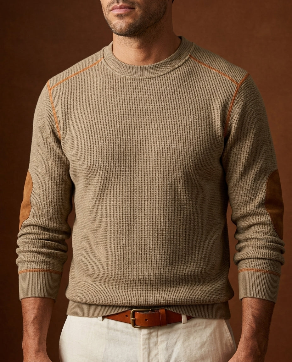 Men's Textured Crew Neck Pullover with Reinforced Patches – Regular Fit Sweater for Everyday Wear – Ribbed Trim Long Sleeve | Lonoma
