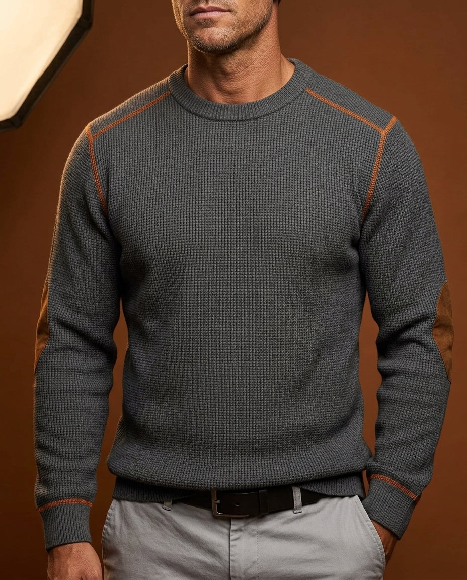 Men's Textured Crew Neck Pullover with Reinforced Patches – Regular Fit Sweater for Everyday Wear – Ribbed Trim Long Sleeve | Lonoma
