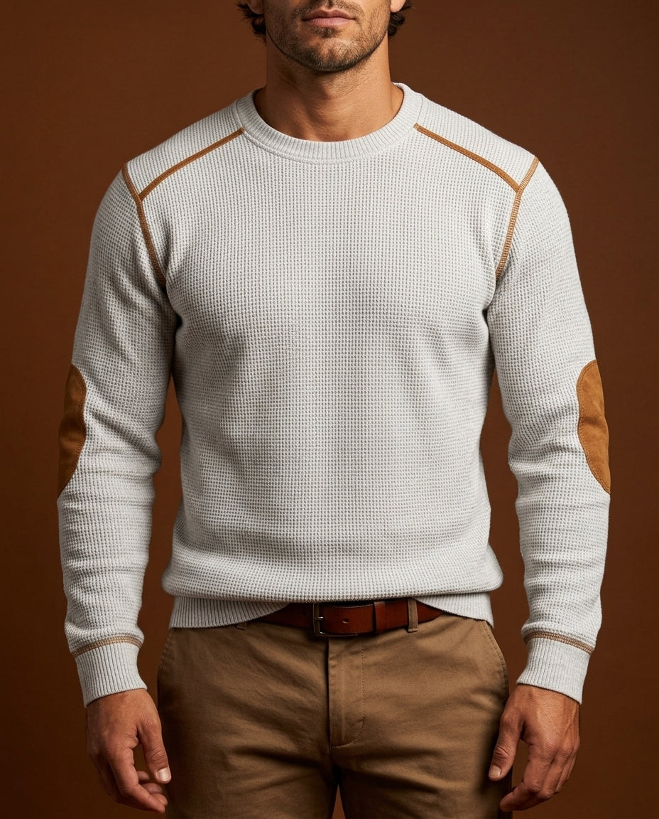 Men's Textured Crew Neck Pullover with Reinforced Patches – Regular Fit Sweater for Everyday Wear – Ribbed Trim Long Sleeve | Lonoma