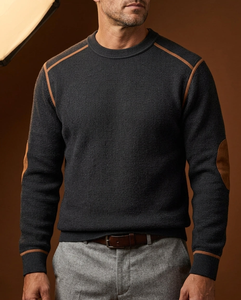 Men's Textured Crew Neck Pullover with Reinforced Patches – Regular Fit Sweater for Everyday Wear – Ribbed Trim Long Sleeve | Lonoma
