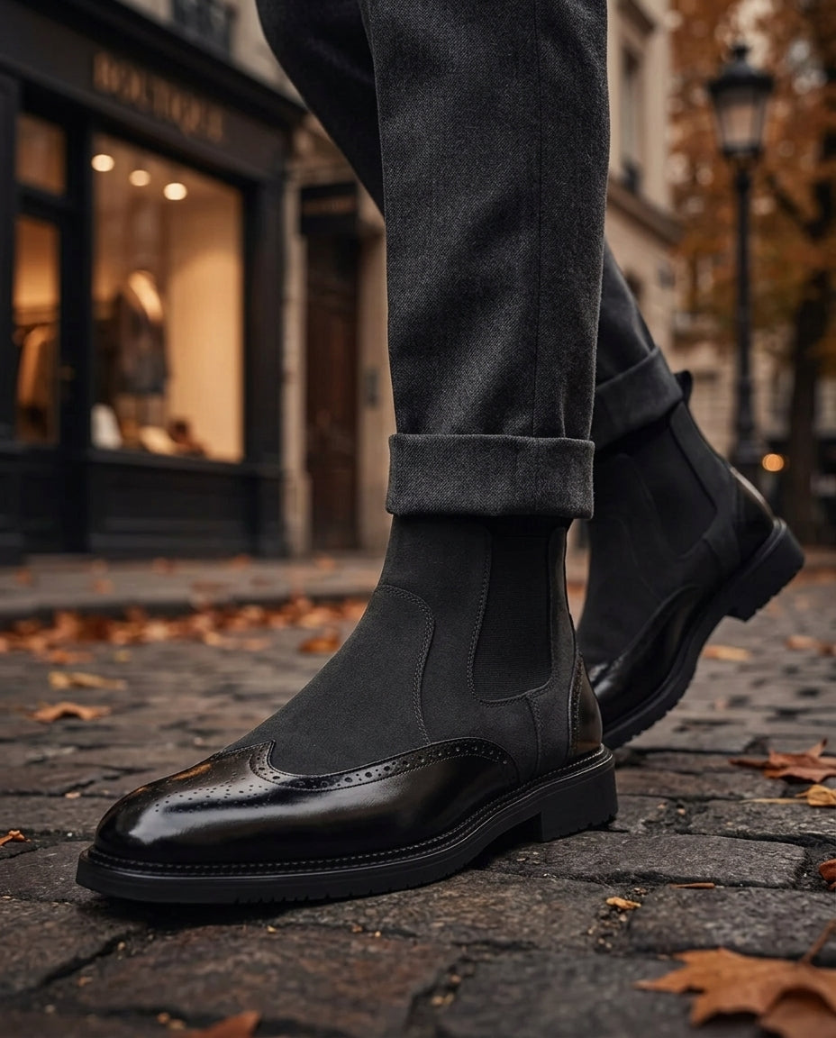 Men's Chelsea Boots with Wingtip Brogue Detail in Genuine Suede | Slip-On Ankle Boots with Elastic Side Panels for Easy Wear | Lonoma