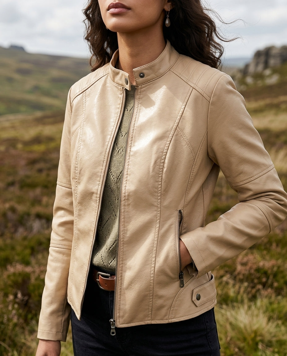 Women's Cropped Moto Jacket Vegan Leather Zip Front Mock Neck Structured Fit Short Coat Fall Spring Outerwear | Lonoma