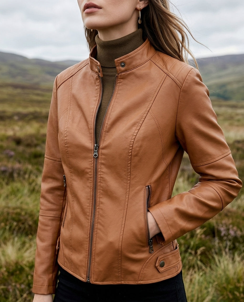 Women's Cropped Moto Jacket Vegan Leather Zip Front Mock Neck Structured Fit Short Coat Fall Spring Outerwear | Lonoma