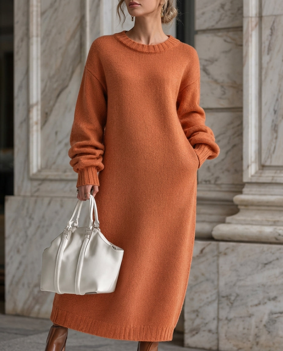 Women's Long Sleeve Cable Knit Sweater Dress Maxi Length Relaxed Fit for Fall Winter Gray Navy Rust Balloon Sleeve Cozy Pullover | Lonoma