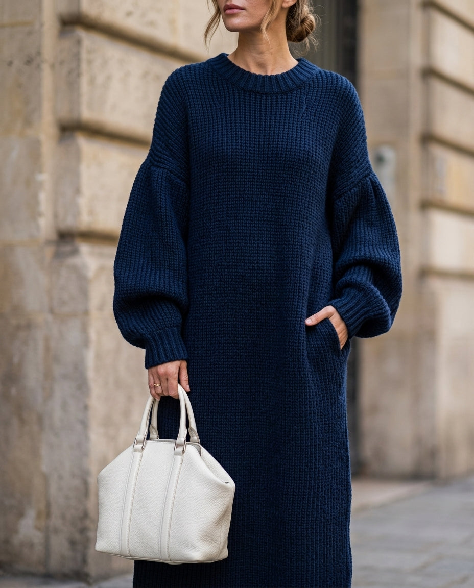 Women's Long Sleeve Cable Knit Sweater Dress Maxi Length Relaxed Fit for Fall Winter Gray Navy Rust Balloon Sleeve Cozy Pullover | Lonoma