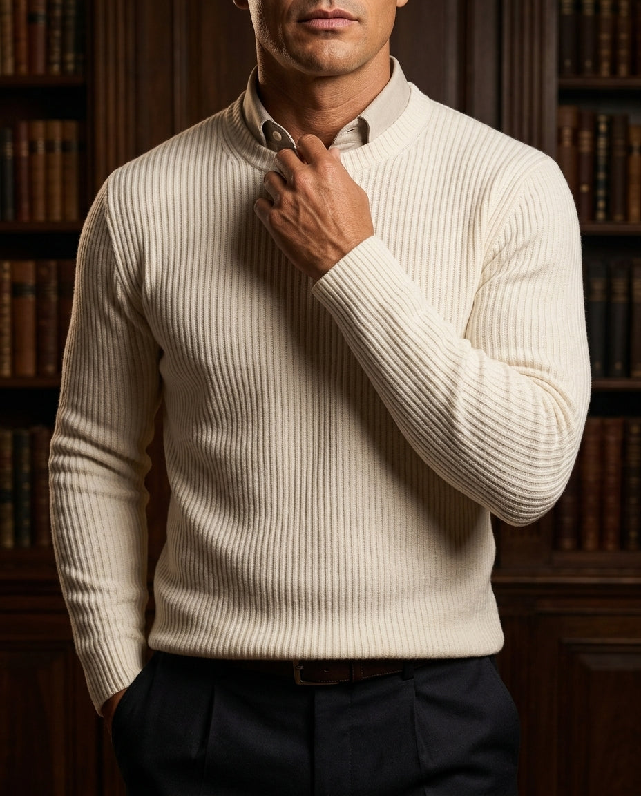 Men's Crew Neck Pullover Sweater Textured Knit Long Sleeve Slim Fit Jumper for Work Office Business Casual Wear Everyday Layering | Lonoma