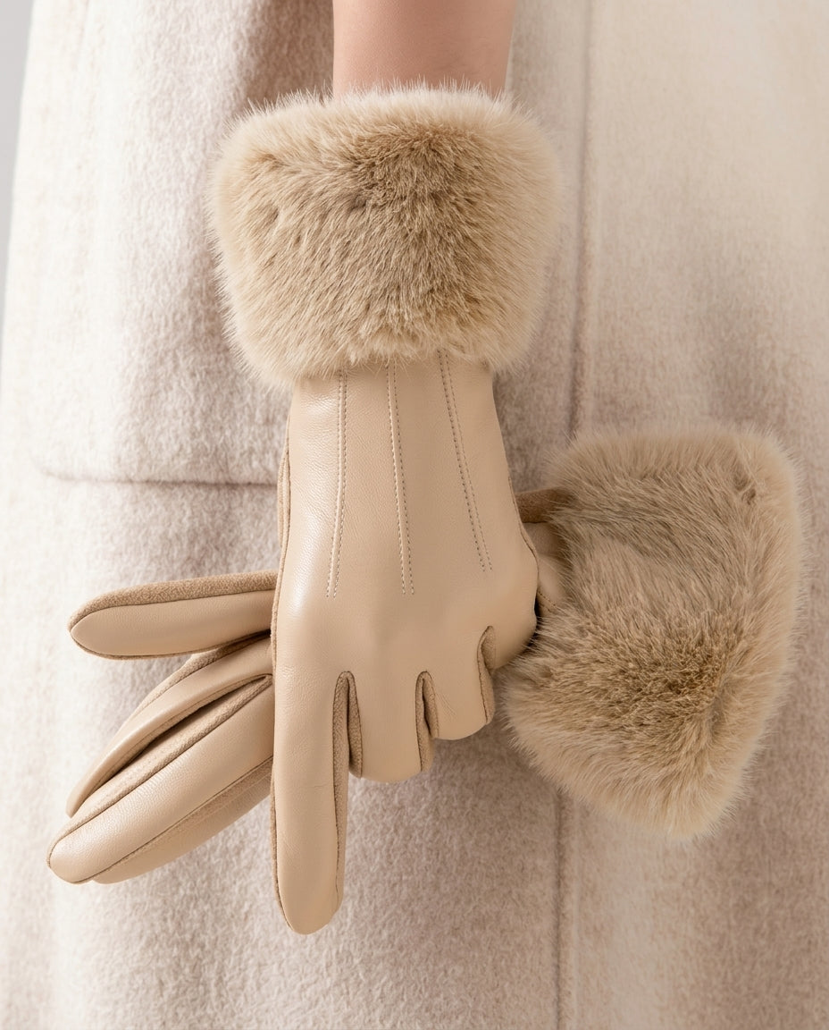 Faux Leather Winter Gloves with Faux Fur Cuff for Women | Cold Weather Hand Protection with Stitched Design | One Size Fits Most | Lonoma