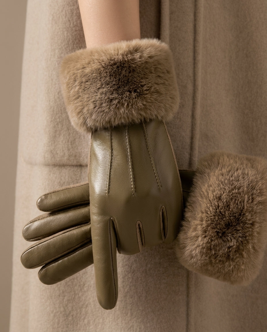 Faux Leather Winter Gloves with Faux Fur Cuff for Women | Cold Weather Hand Protection with Stitched Design | One Size Fits Most | Lonoma