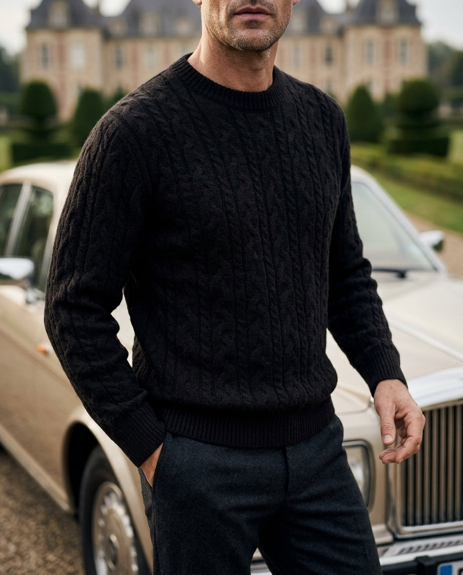 Men's Crew Neck Sweater Cable Knit Wool Blend Ribbed Cuffs Pullover for Fall Winter Layering Everyday Casual Warm Menswear | Lonoma