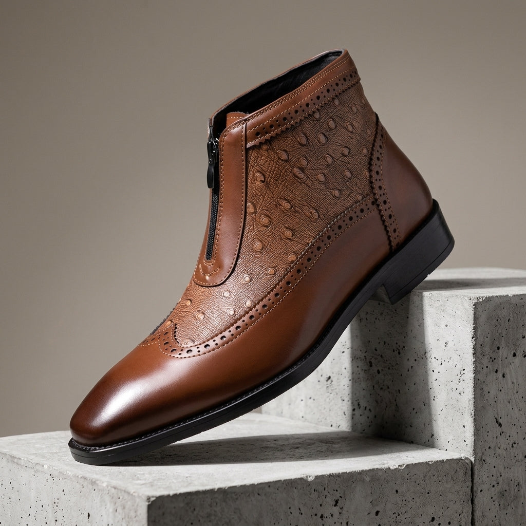 Men's Zip-Up Ankle Boots with Embossed Panel Detail in Cognac & Black | Casual Dress Boot with Cushioned Insole | Lonoma