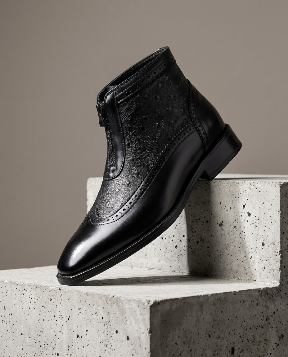Men's Zip-Up Ankle Boots with Embossed Panel Detail in Cognac & Black | Casual Dress Boot with Cushioned Insole | Lonoma