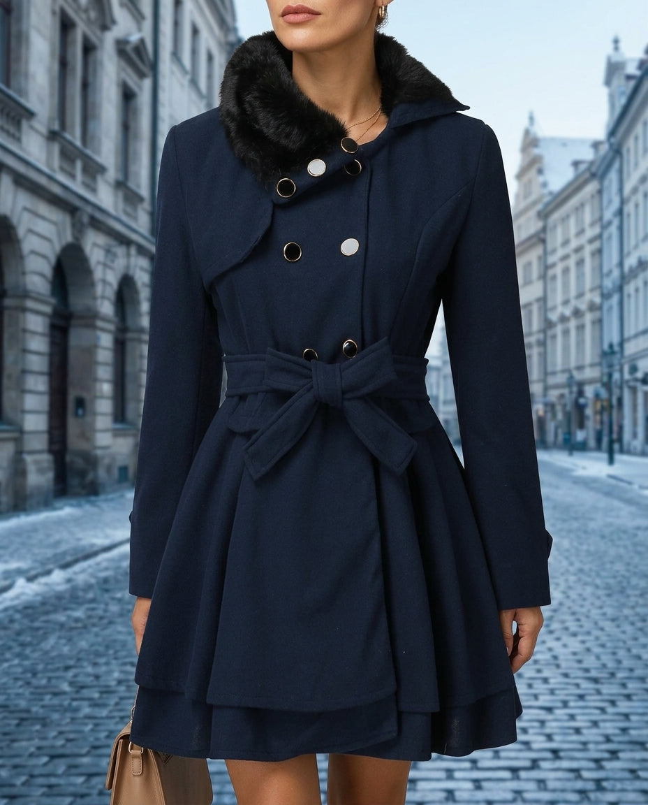 Women's Belted Wool Coat with Faux Fur Collar and Tiered Peplum Skirt for Winter | Lonoma