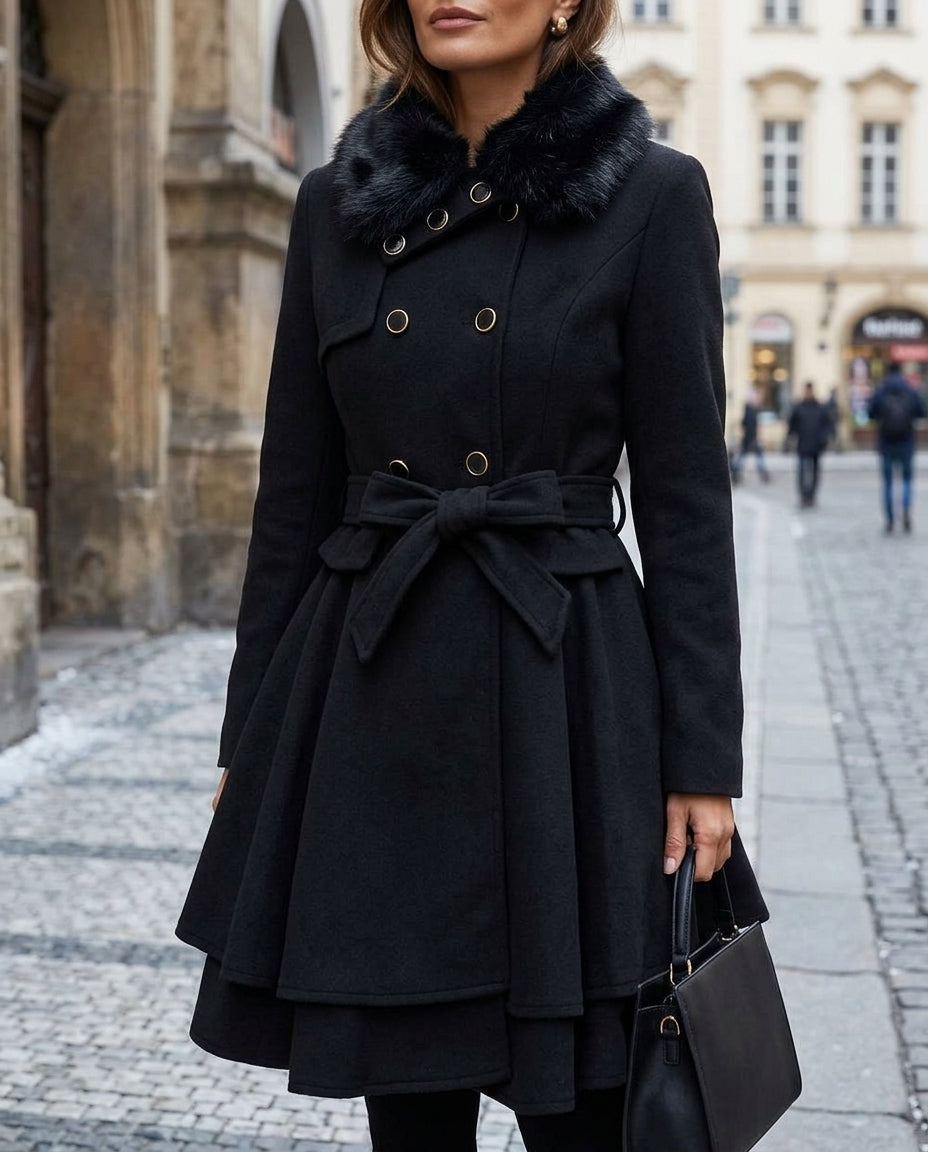 Women's Belted Wool Coat with Faux Fur Collar and Tiered Peplum Skirt for Winter | Lonoma