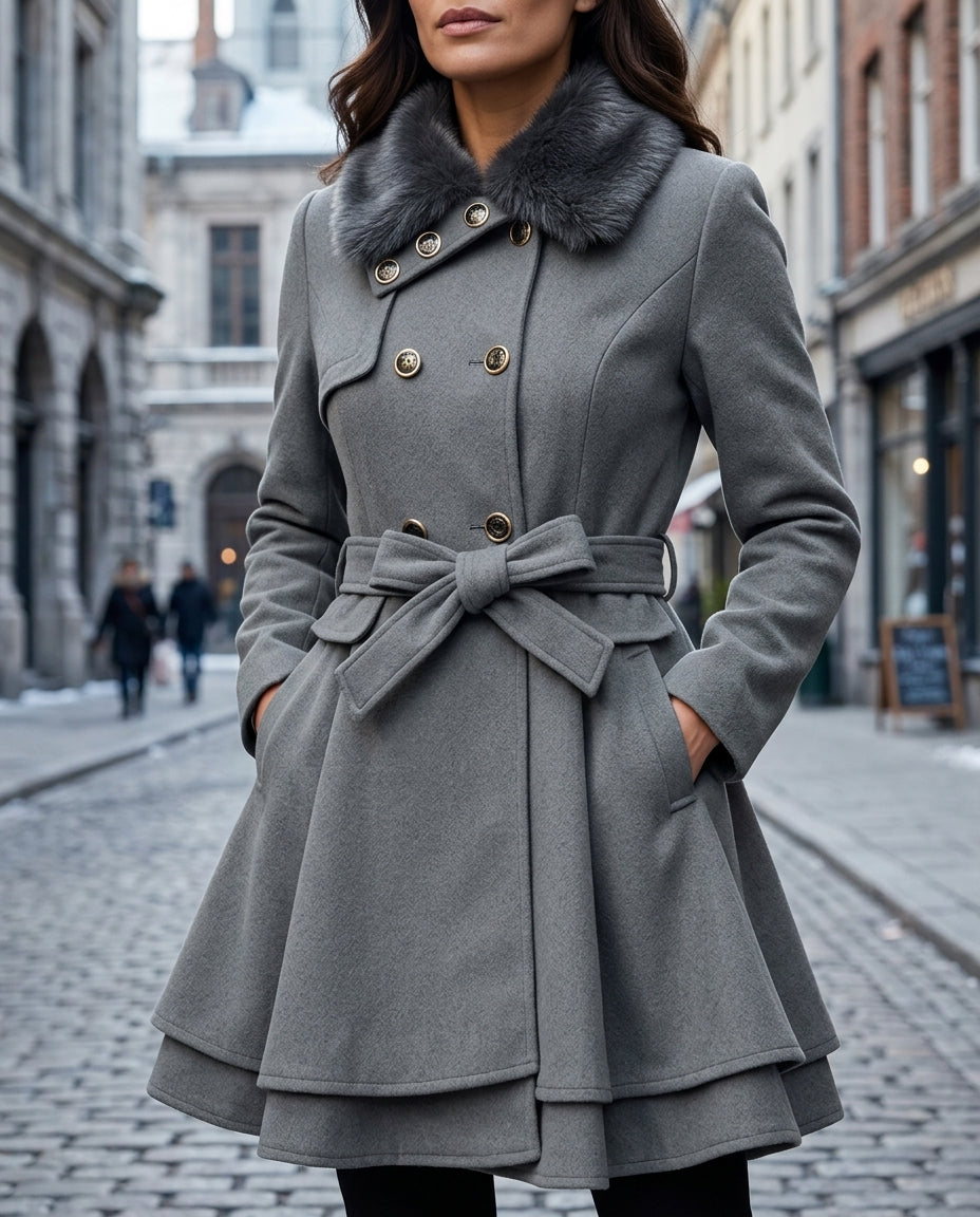 Women's Belted Wool Coat with Faux Fur Collar and Tiered Peplum Skirt for Winter | Lonoma