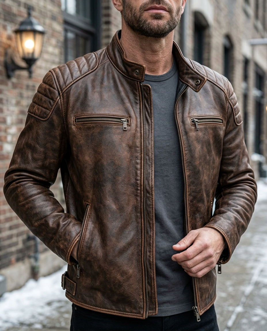 Men's Leather Motorcycle Jacket with Quilted Shoulders and Stand Collar | Lonoma