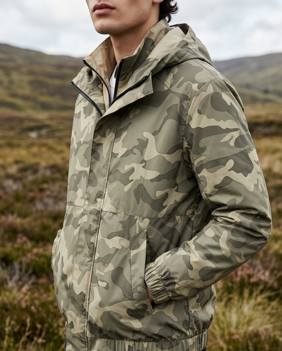 Men's Camo Hooded Windbreaker Jacket - Lightweight Water-Resistant Outdoor Coat for Hiking, Camping & Everyday Casual Wear | Lonoma