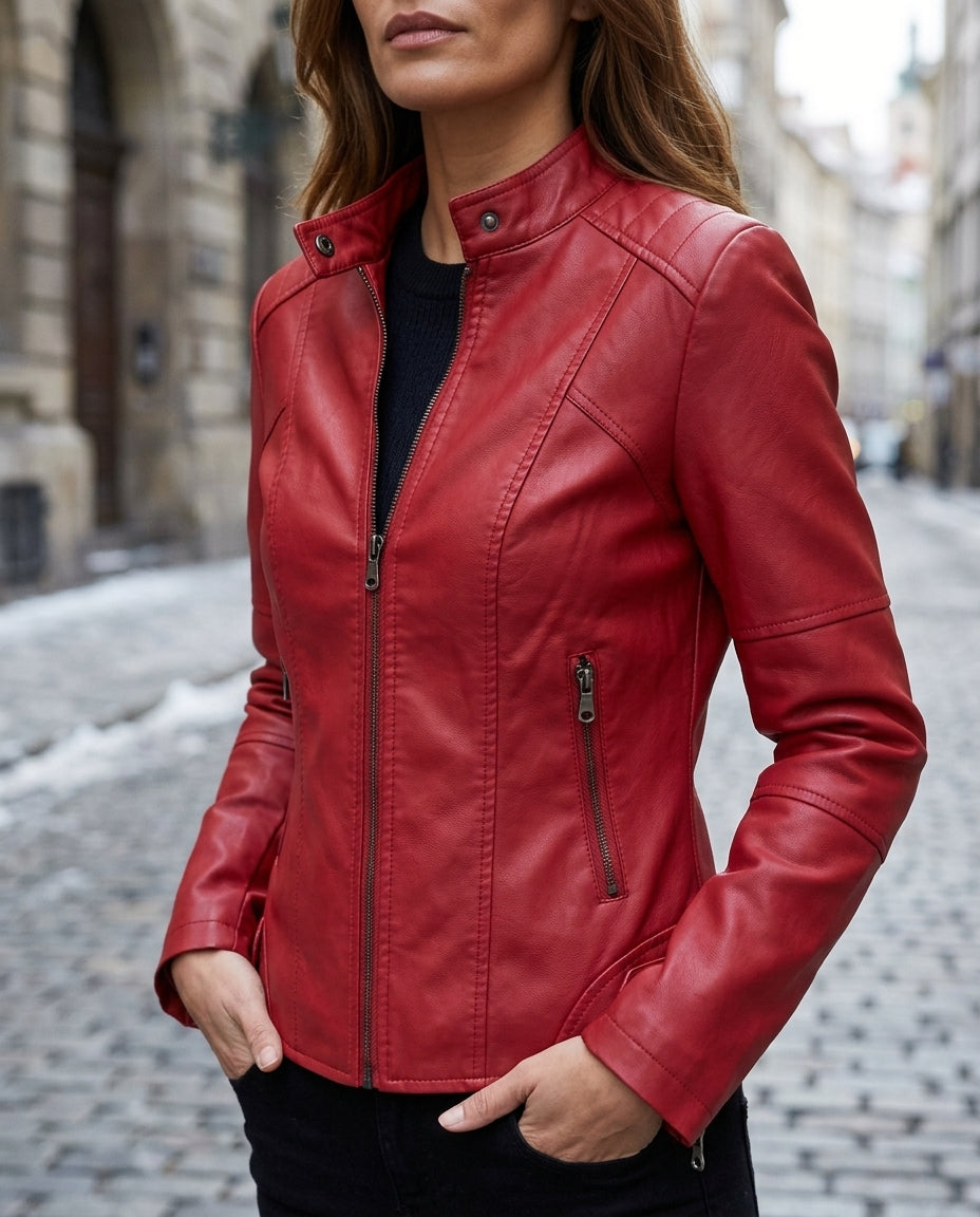Women's Cropped Genuine Leather Biker Jacket with Zip Pockets and Buckle Detail for Fall, Spring, Evening Wear | Lonoma