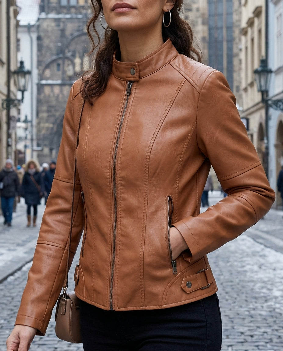 Women's Cropped Genuine Leather Biker Jacket with Zip Pockets and Buckle Detail for Fall, Spring, Evening Wear | Lonoma