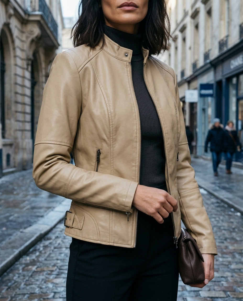 Women's Cropped Genuine Leather Biker Jacket with Zip Pockets and Buckle Detail for Fall, Spring, Evening Wear | Lonoma