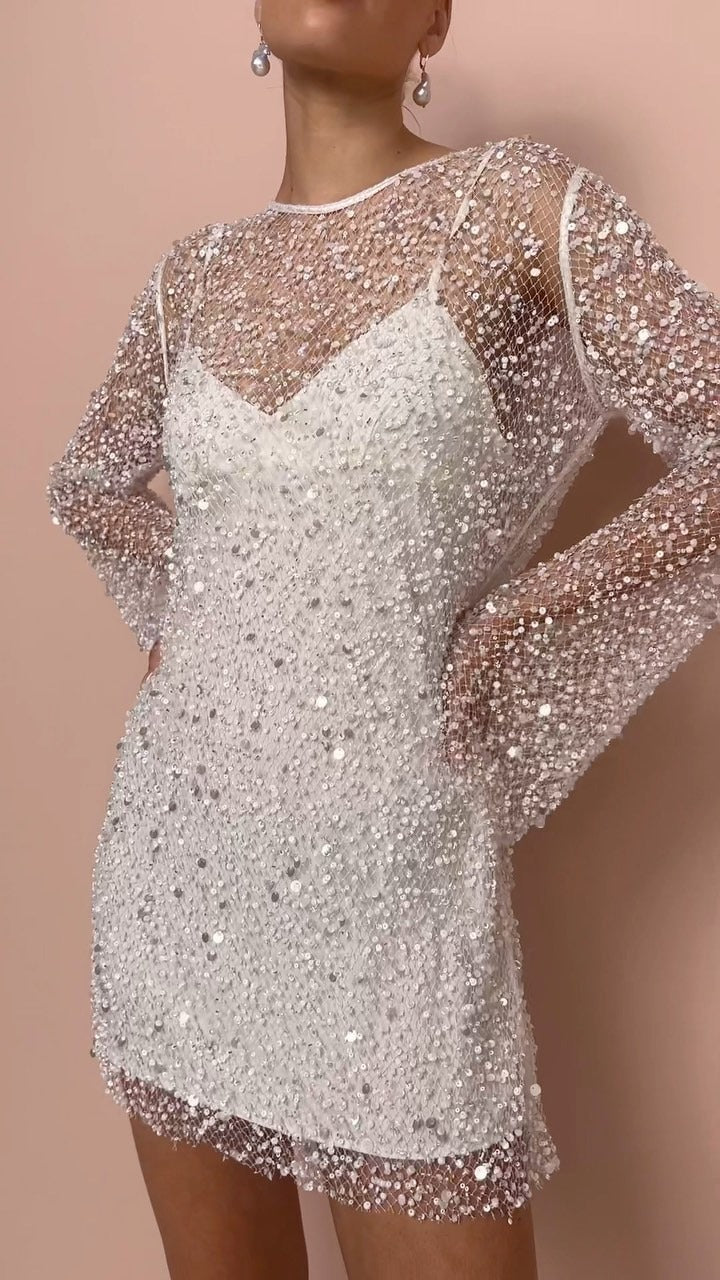Women's Embellished Mesh Two-Piece Midi Dress — Sheer Pearl Beaded Evening Dress for Parties & Celebrations | Koossa