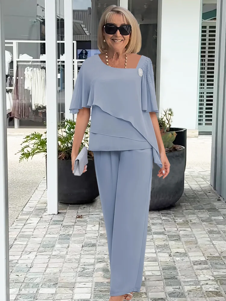 Women's Layered Chiffon Top and Wide-Leg Trousers Co-ord Set in Light Blue and Navy for Summer Garden Parties | Koossa