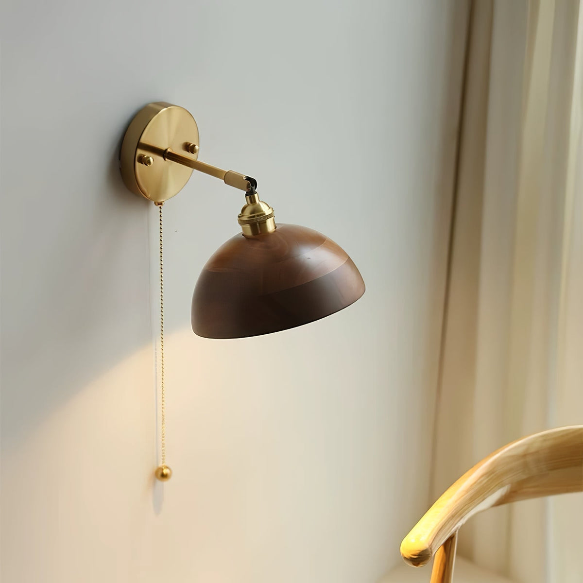 Wood Wall Sconce with Dome Shade and Pull Chain Switch for Bedroom, Living Room, Dining Room – Brass Walnut Farmhouse Accent Lighting Fixture | Lonoma