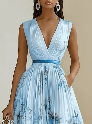 Women's Sleeveless Wrap Maxi Dress with V-Neckline in Soft Pastel Tones for Garden Parties and Summer Occasions | Koossa