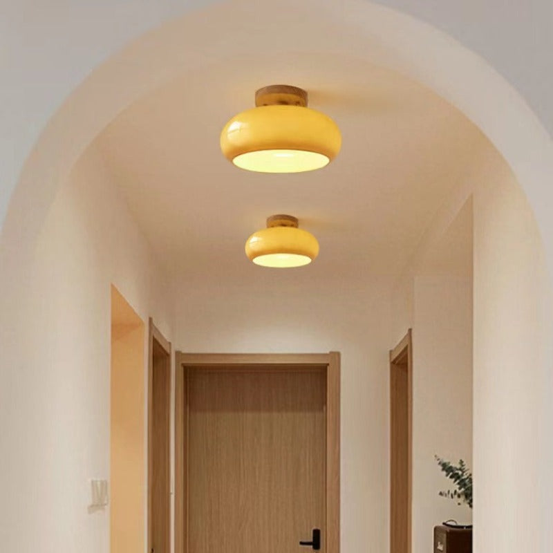 Wood & Glass Flush Mount Ceiling Light, E27 Socket, Natural Finish for Bedroom, Hallway, Dining Room, Scandinavian Japandi Decor | Lonoma