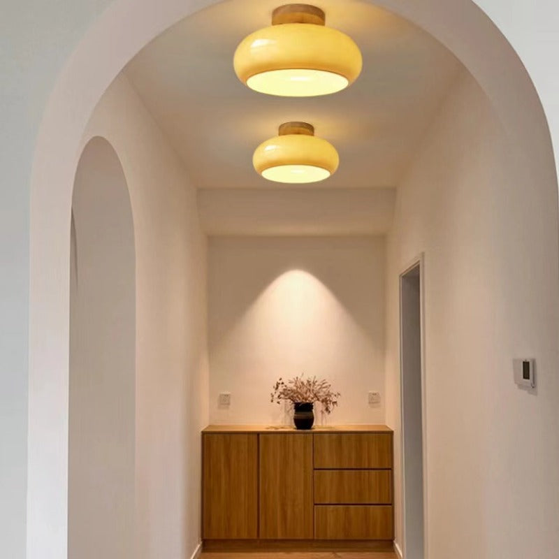 Wood & Glass Flush Mount Ceiling Light, E27 Socket, Natural Finish for Bedroom, Hallway, Dining Room, Scandinavian Japandi Decor | Lonoma