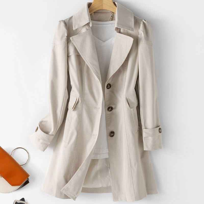 Women's Single-Breasted Trench Coat in Structured Cotton Blend – Tailored Knee-Length Design for Versatile Layering | Koossa