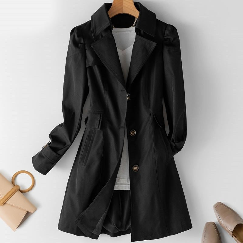 Women's Single-Breasted Trench Coat in Structured Cotton Blend – Tailored Knee-Length Design for Versatile Layering | Koossa