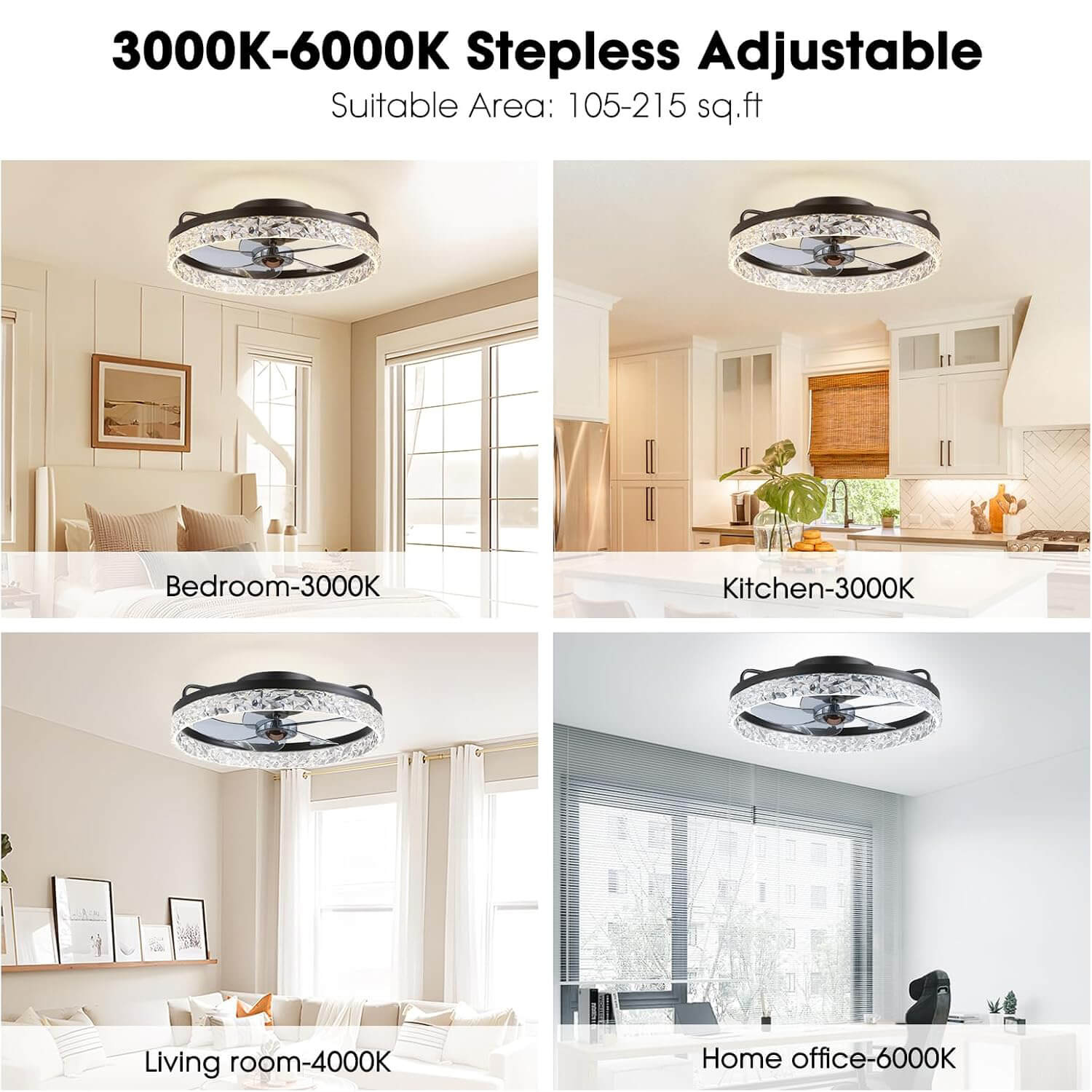 Ventilateur de Plafond Lumineux LED Dimmable Rond Moderne Noir Doré Blanc 6 Vitesses 3 Tons de Lumière | Koossa